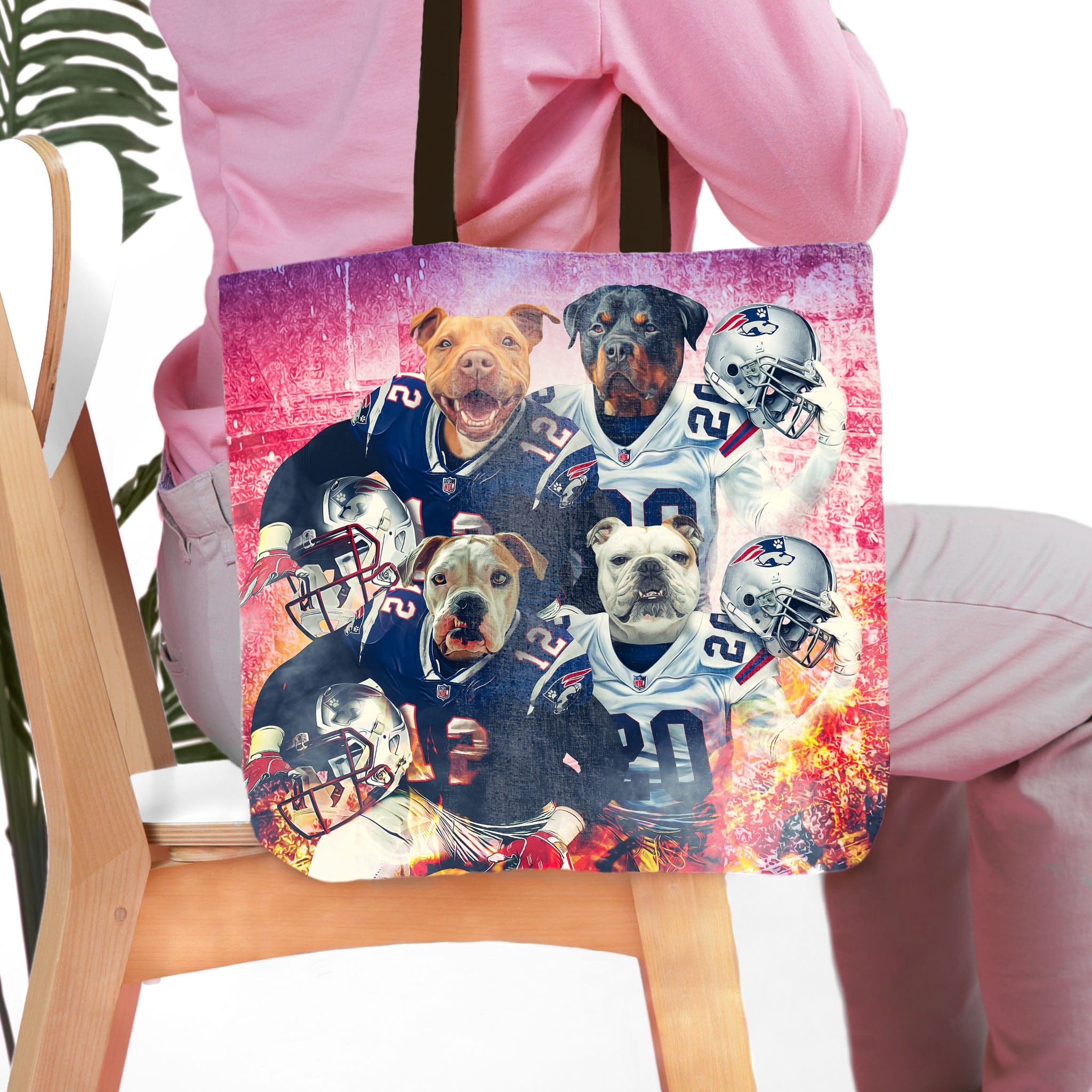 Personalized 4 pet portrait tote bag featuring dogs in New England football jerseys.