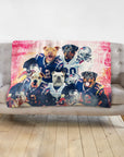 Personalized blanket with five dogs in New England Patriots football uniforms on a gray sofa.