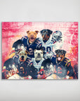 Personalized poster featuring 5 dogs dressed in New England Patriots football uniforms against a stadium backdrop.