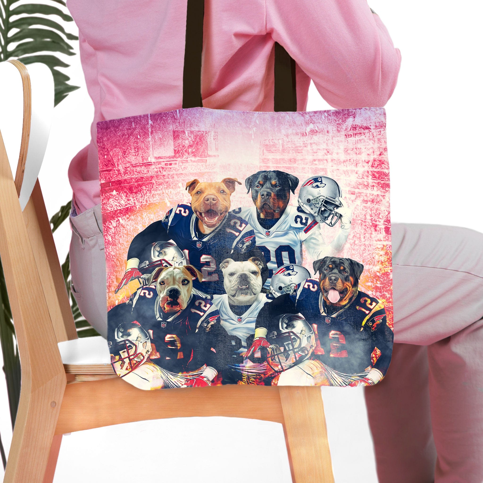 Personalized 5-pet portrait tote bag featuring dogs in New England football jerseys.