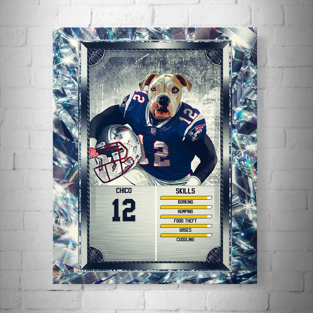 Personalized 8x10" matte football trading card poster featuring a dog in a blue jersey, number 12, holding a helmet.