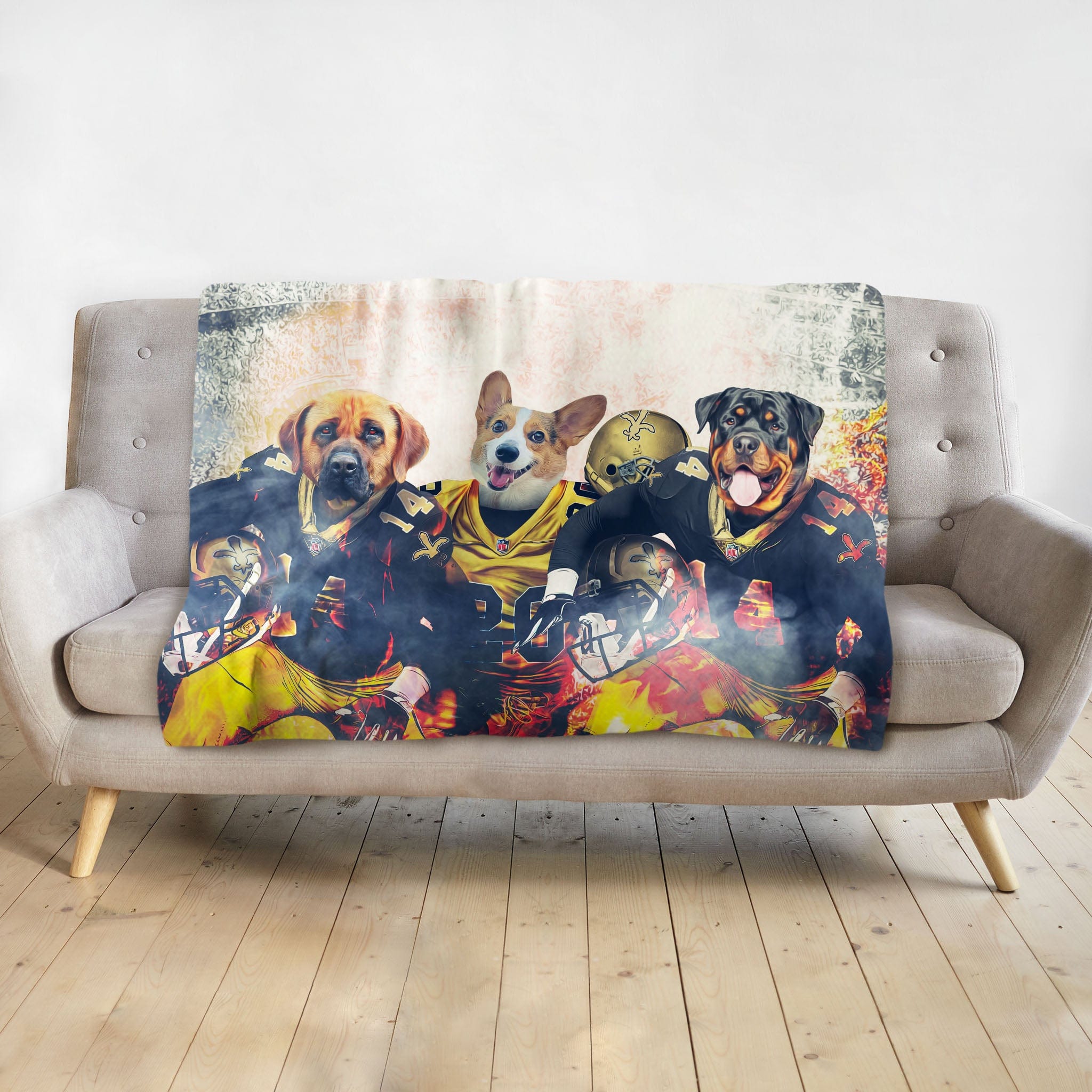 Personalized 3-pet blanket with dogs in New Orleans Saints football uniforms.