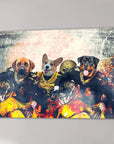 Custom canvas with three pets as New Orleans Saints football players in black and gold uniforms.