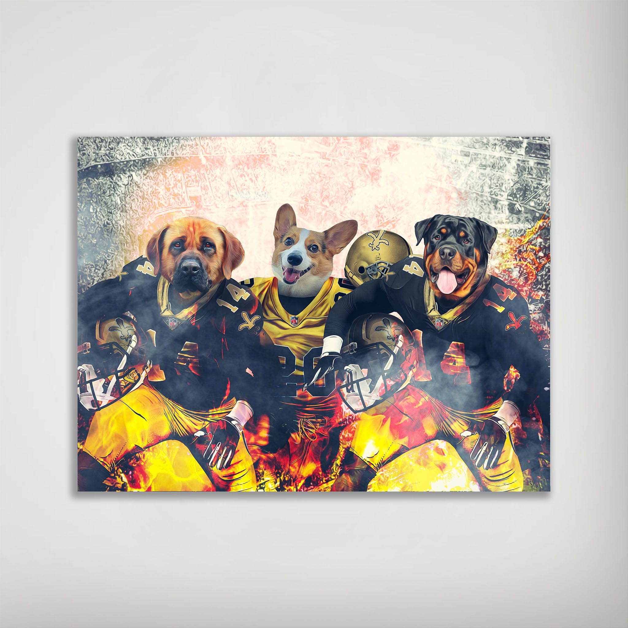 Personalized 3-pet poster featuring a Labrador, Corgi, and Rottweiler in New Orleans Saints football uniforms amidst fiery effects.