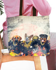 Personalized 3-pet tote bag featuring dogs in New Orleans Saints football uniforms.