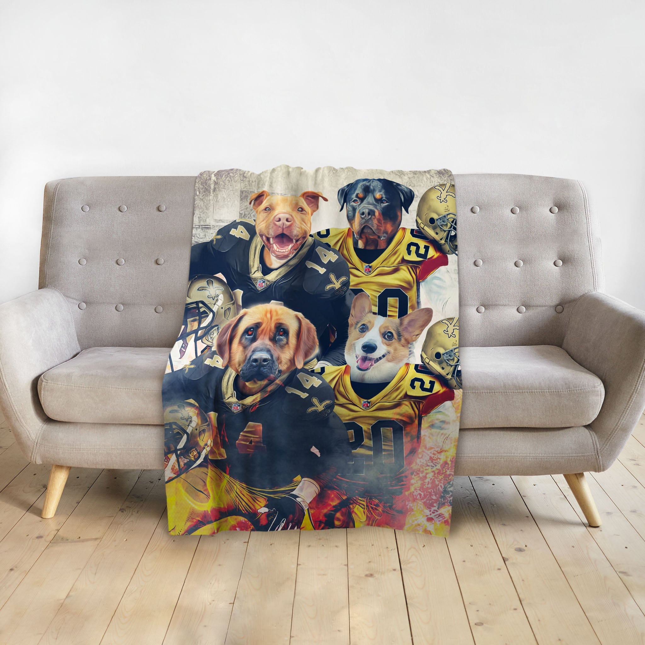Personalized pet blanket with four dogs in New Orleans Saints football uniforms.