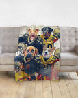 Personalized pet blanket with four dogs in New Orleans Saints football uniforms.