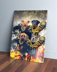 Personalized 4-pet canvas featuring dogs in New Orleans Saints football uniforms with helmets and fiery effects.