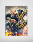 Personalized 4-pet poster featuring dogs in New Orleans Saints football uniforms with helmets and fire effects.