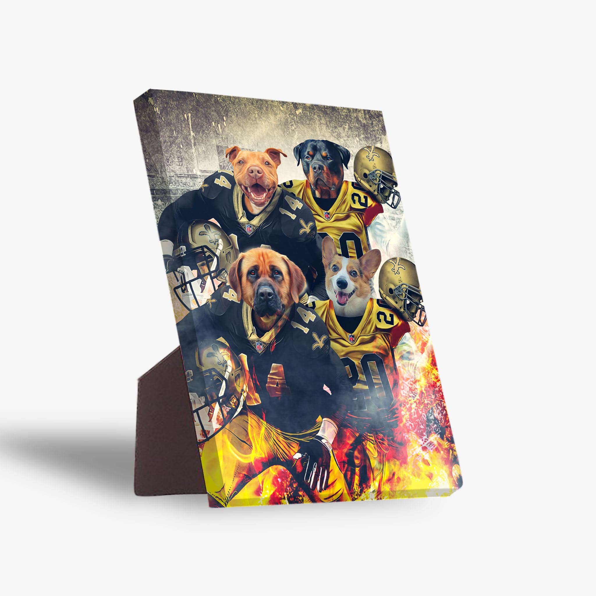 Personalized 4-pet standing canvas featuring dogs in black and gold football uniforms with a fiery background.