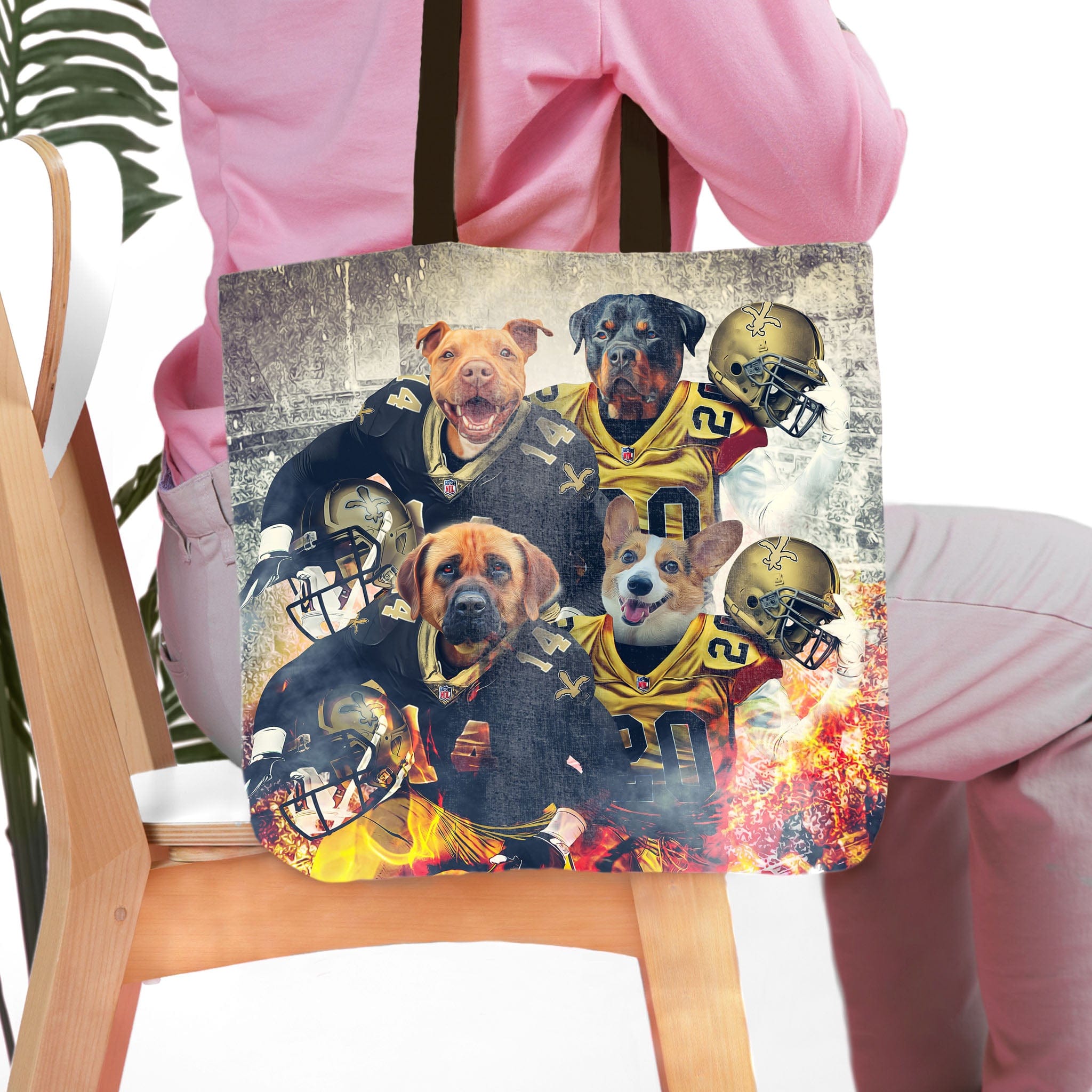Personalized 4-pet tote bag featuring dogs in New Orleans Saints football uniforms with helmets and fire.