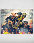 Personalized poster featuring five pets as New Orleans Saints football players in gold and black uniforms.