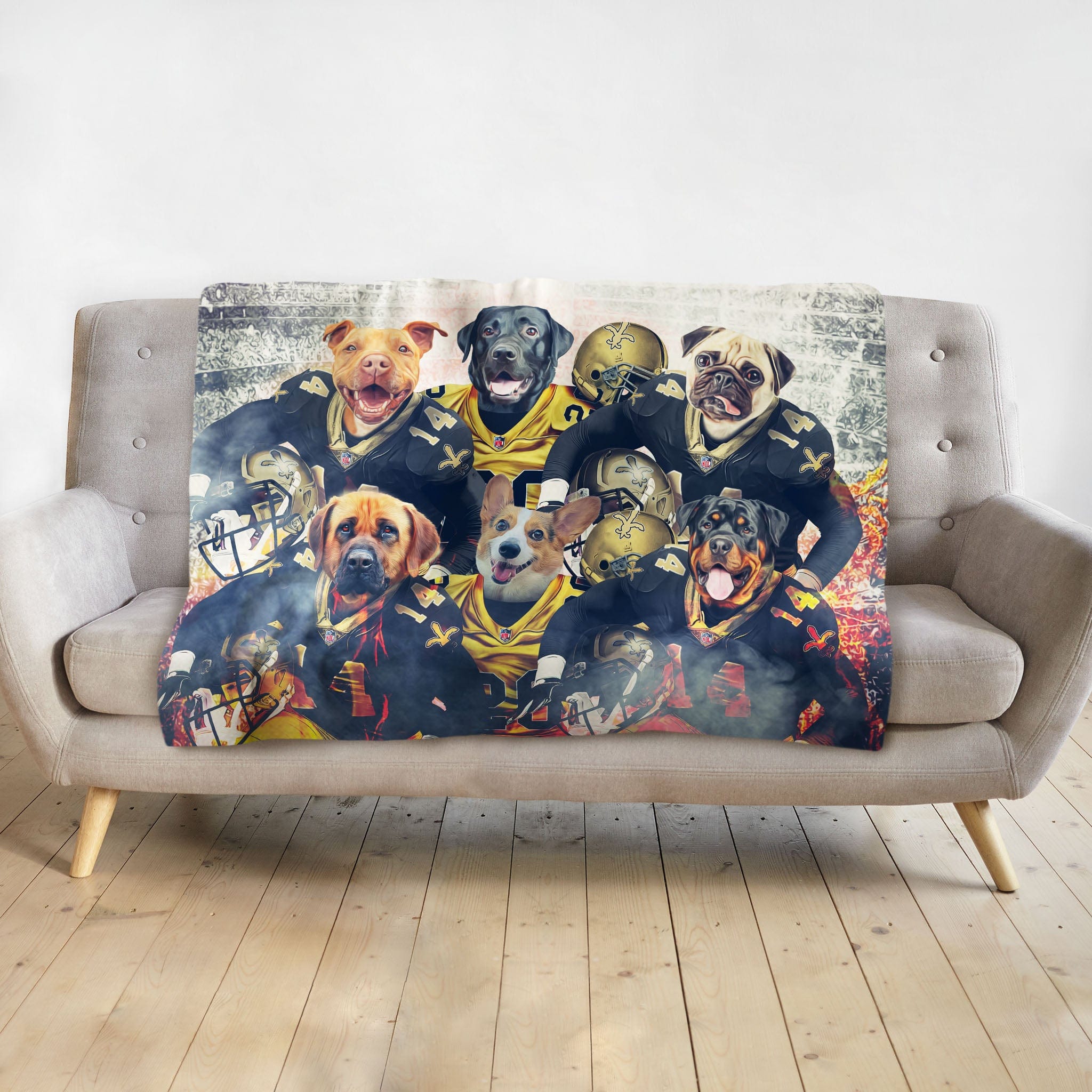 Personalized blanket with six dogs in New Orleans Saints football uniforms.