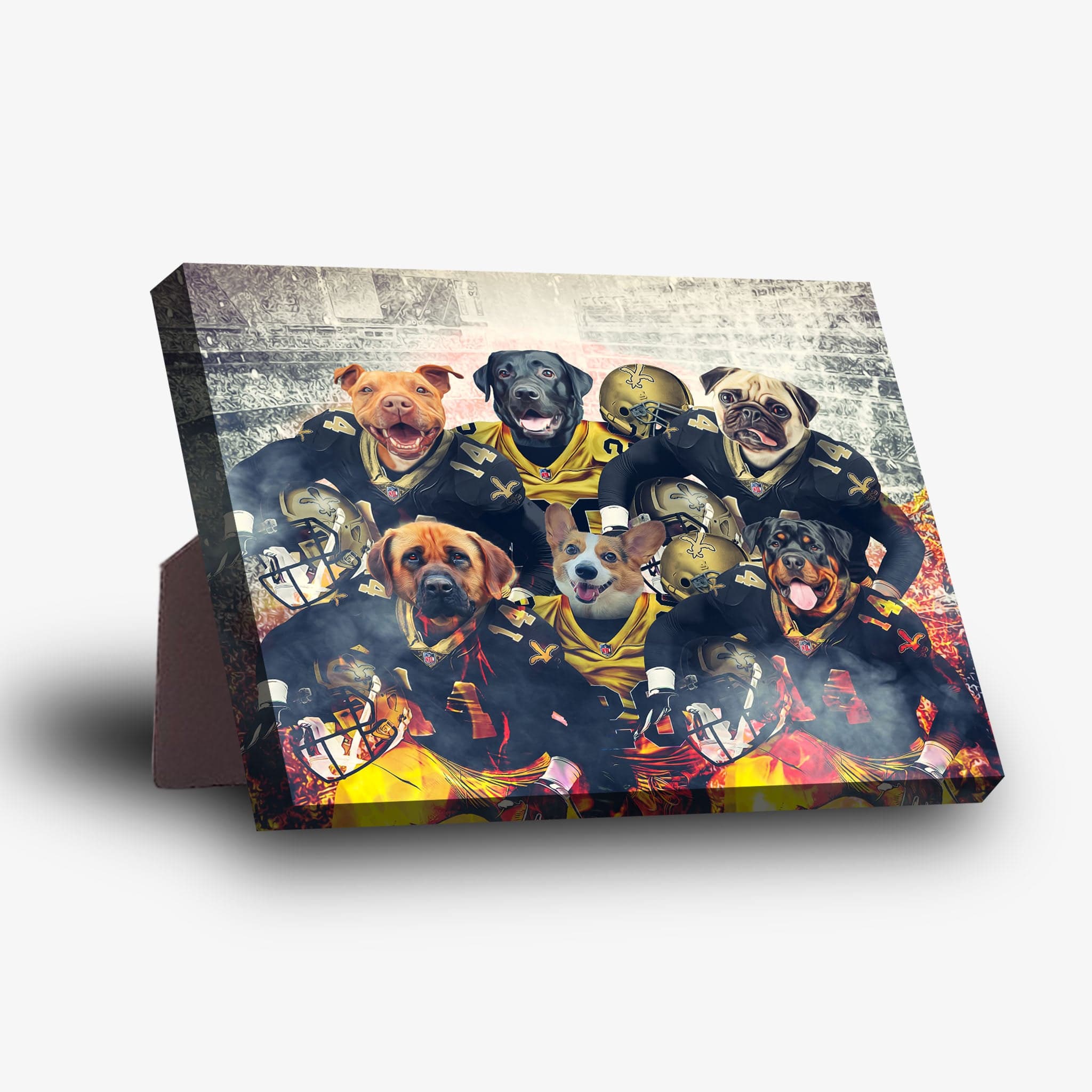 Personalized 6-pet standing canvas featuring dogs in black and gold football uniforms.