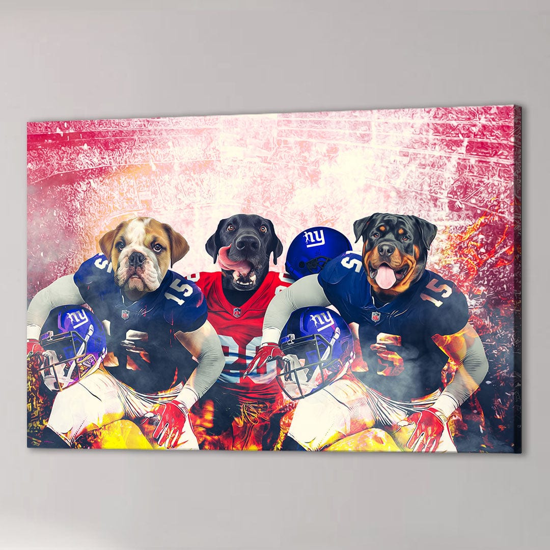 Personalized 3 pet canvas featuring dogs in New York Giants football uniforms against a stadium backdrop.