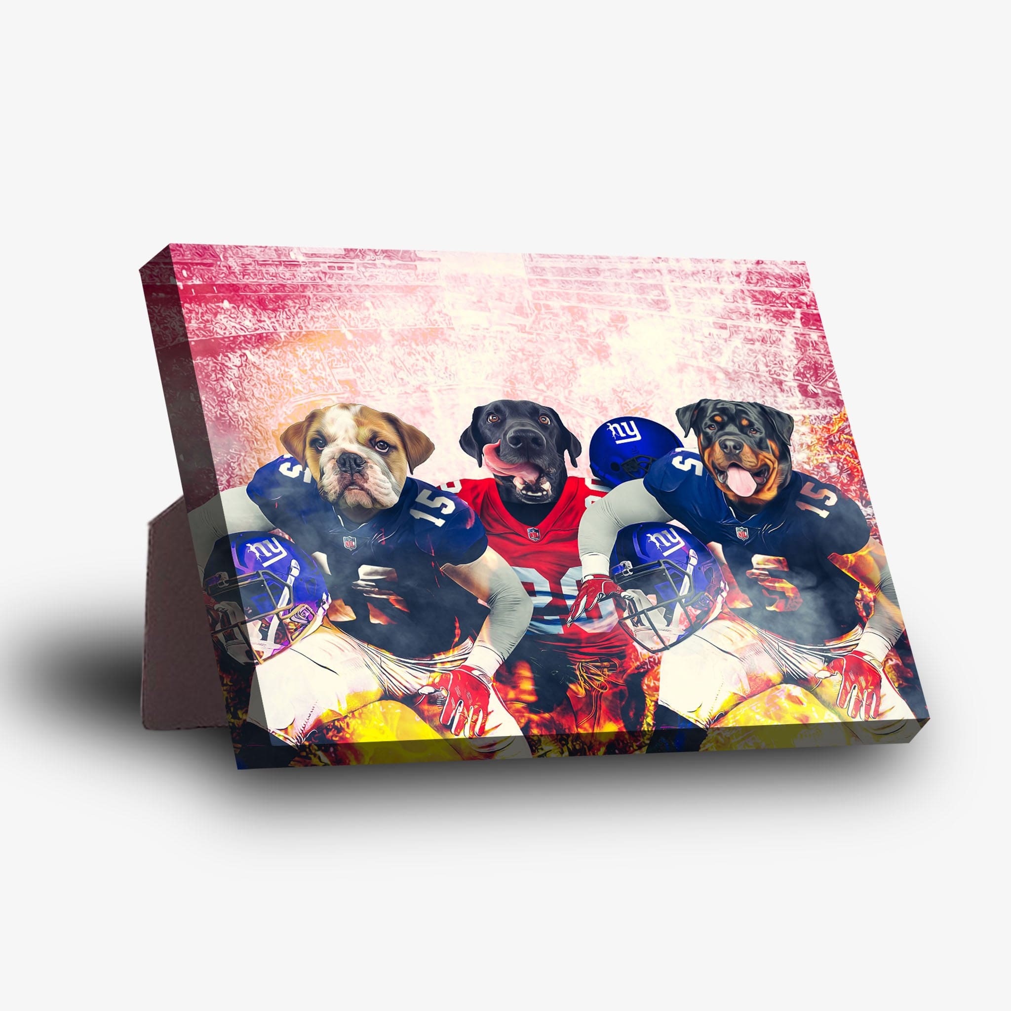 Personalized 'New York Doggos' standing canvas featuring three pets as football players in Giants uniforms.