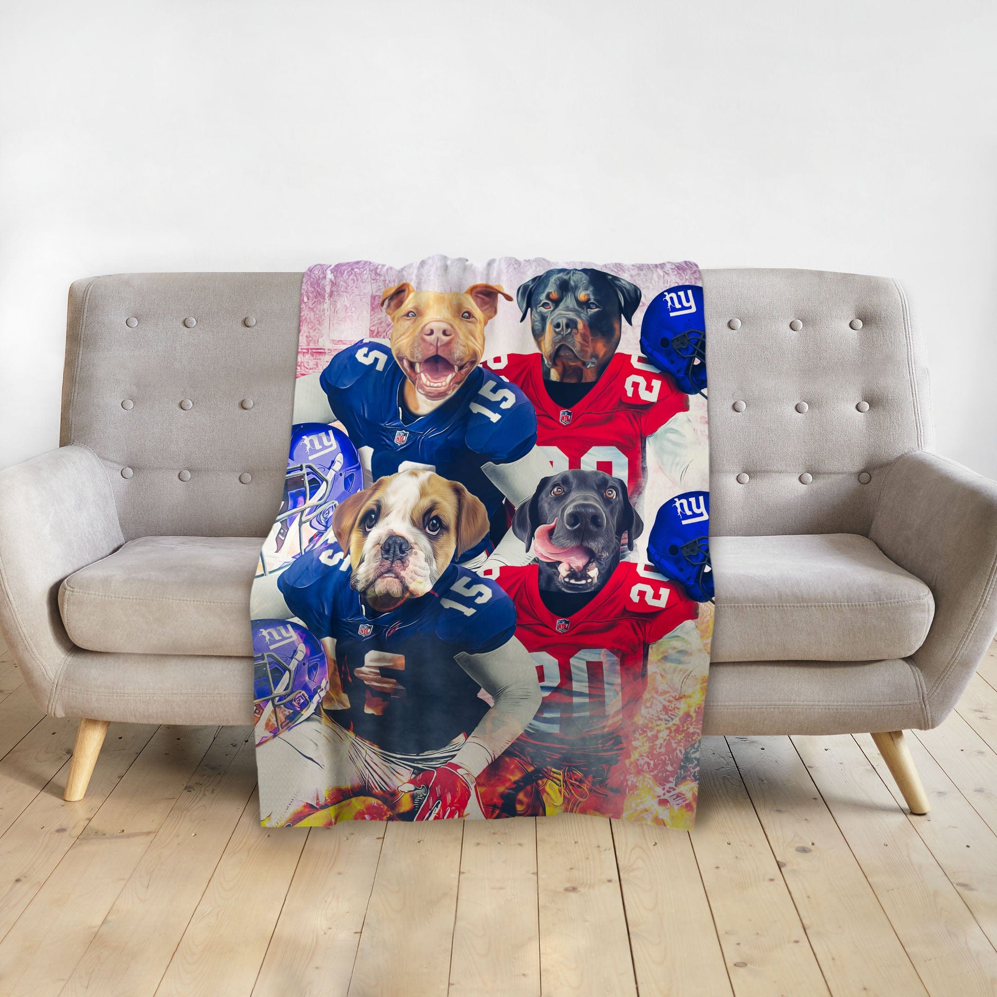 Personalized custom blanket with four dogs in New York Giants football uniforms.