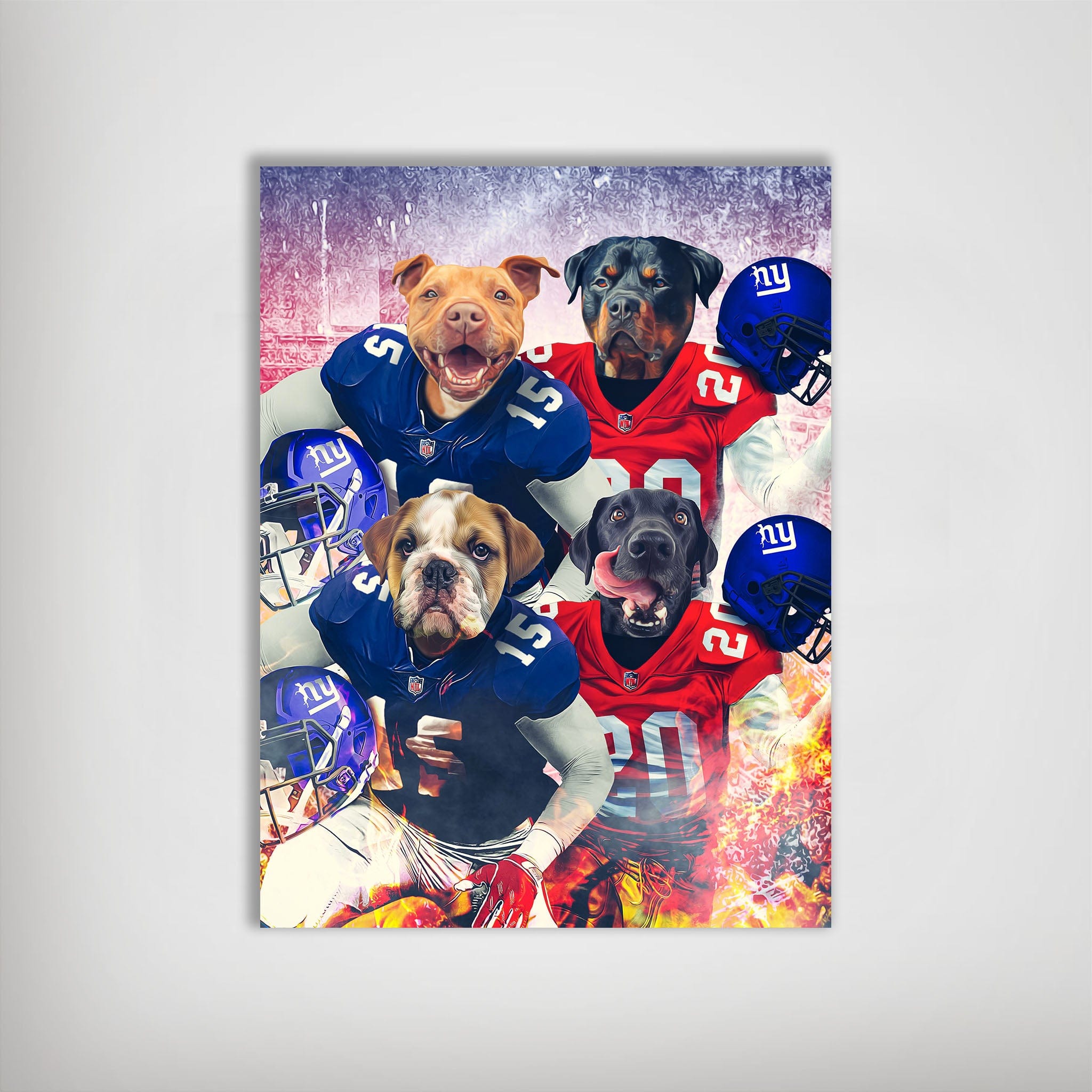 Personalized 'New York Doggos' poster featuring four pets in blue and red football jerseys.
