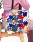 Personalized 4-pet tote bag with dogs in New York Giants football uniforms.