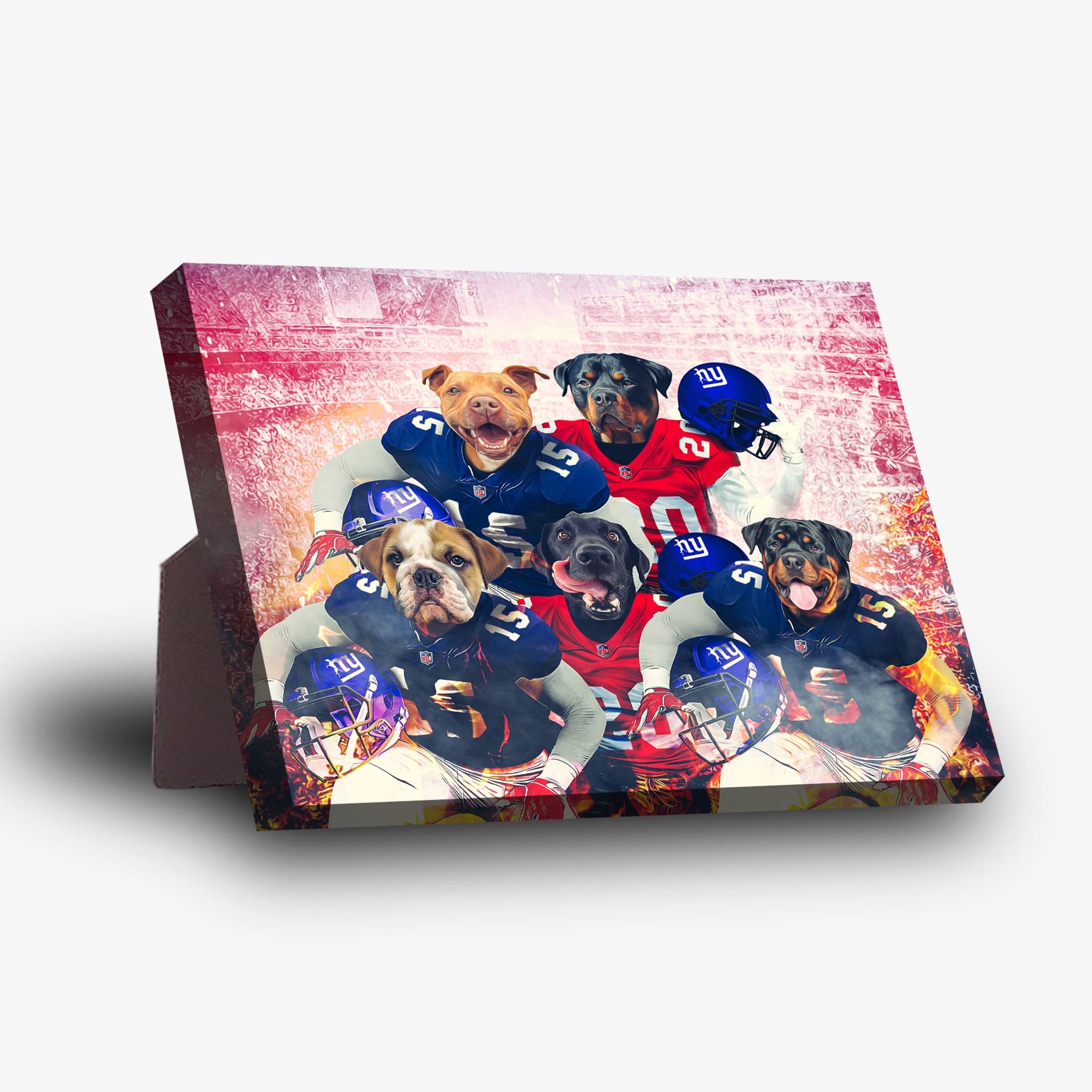 Personalized 'New York Doggos' standing canvas featuring five pets in football jerseys and helmets.
