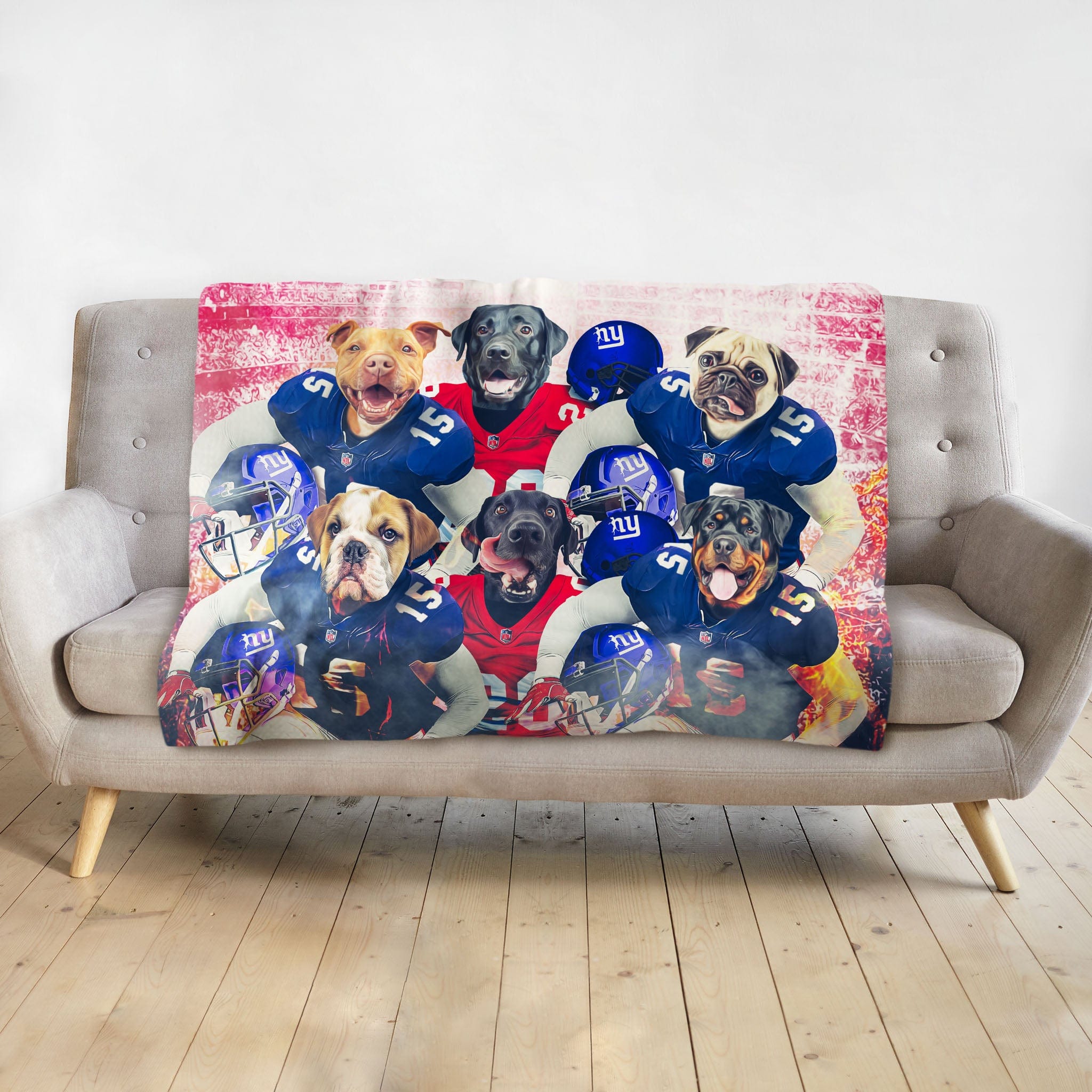 Personalized 6-pet blanket featuring dogs in blue and red football uniforms.