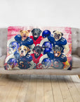 Personalized 6-pet blanket featuring dogs in blue and red football uniforms.