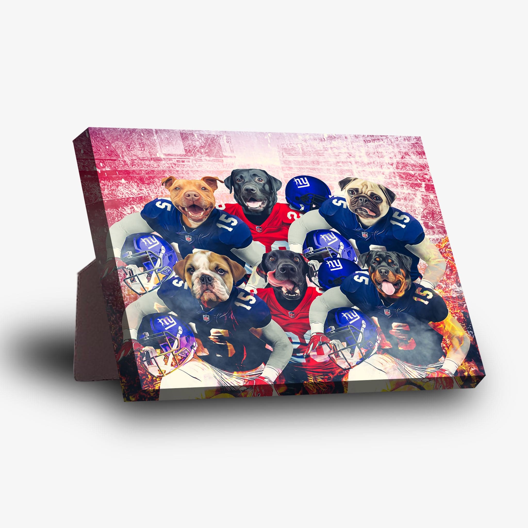 Personalized 'New York Doggos' standing canvas featuring six pets as football players in blue and red jerseys.