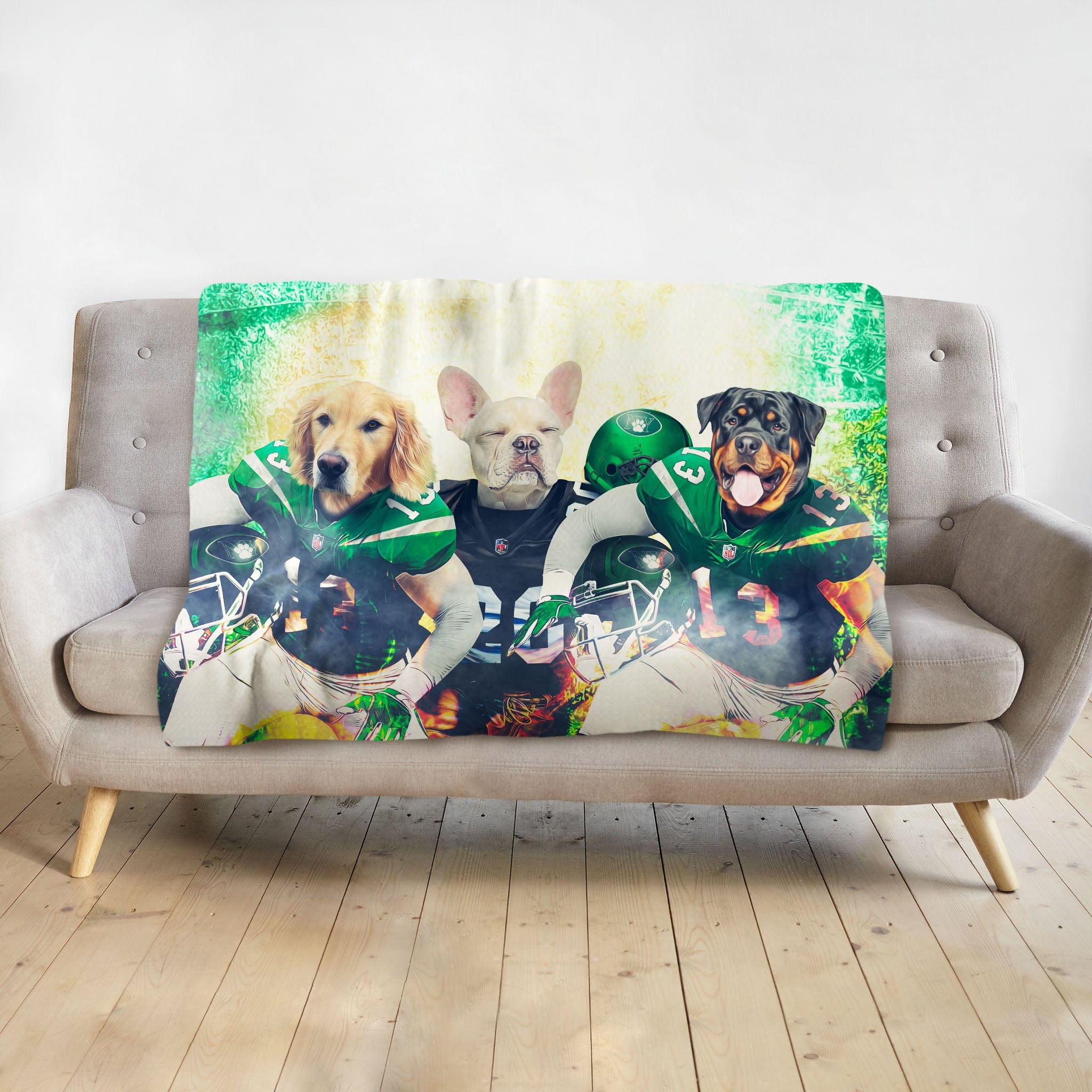 Personalized 3-pet blanket with dogs in New York Jets football uniforms.