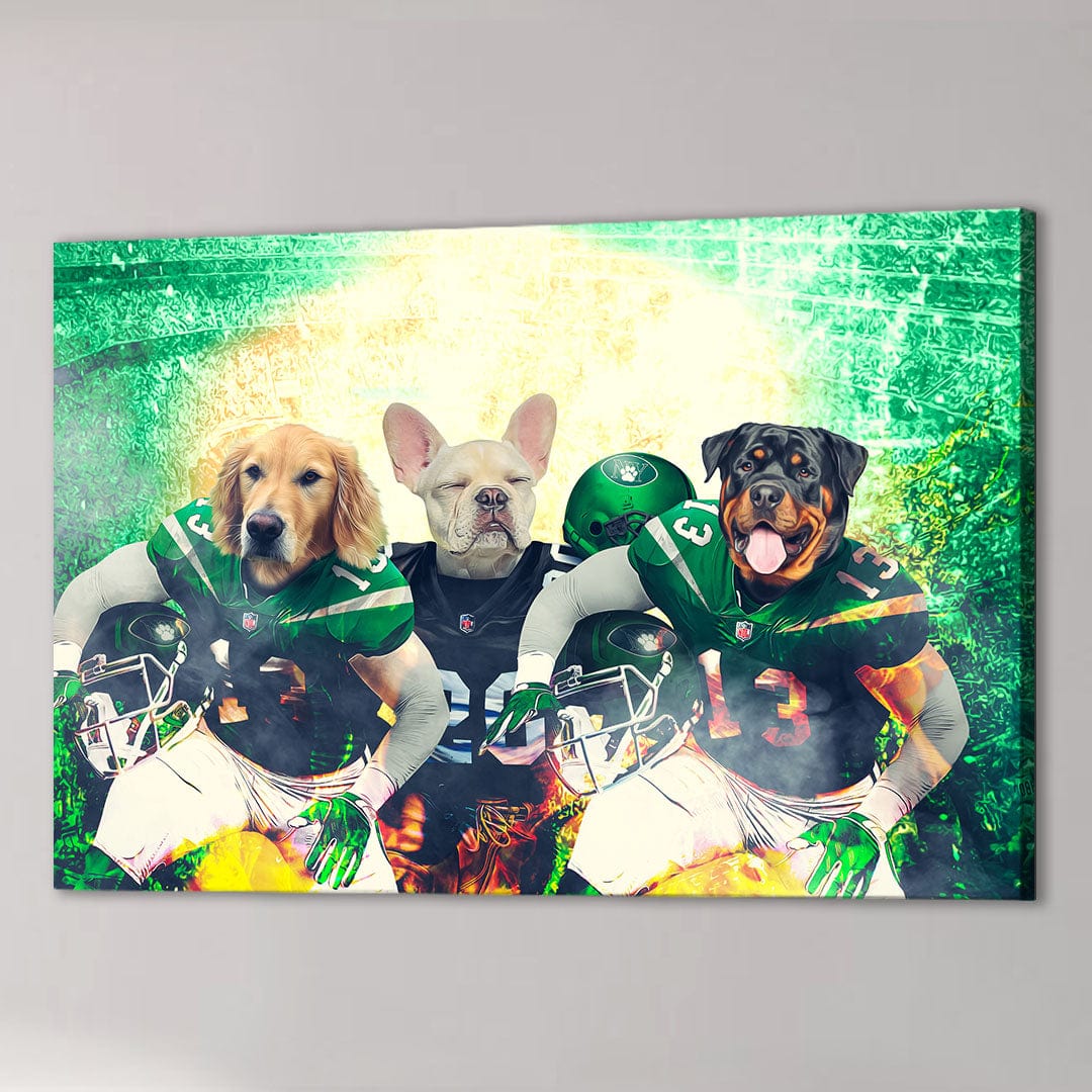 Personalized 3-pet canvas featuring dogs in New York Jets football uniforms, green stadium background.