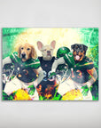 Personalized 'New York Jet-Doggos' poster featuring three pets as football players in green jerseys.