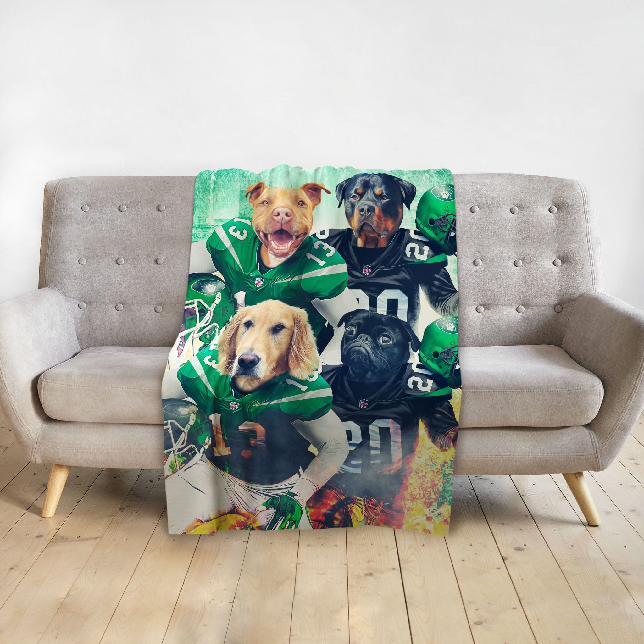 Personalized blanket with four dogs in New York Jets football uniforms.