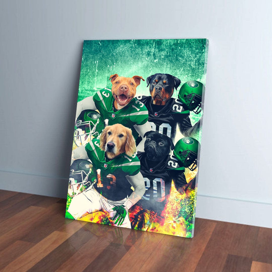Personalized 'New York Jet-Doggos' canvas featuring four pets in football uniforms on a green background.