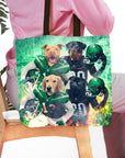 Personalized 4-pet tote bag featuring dogs in New York Jet-style football uniforms.