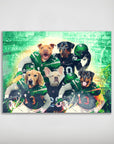 Personalized matte poster featuring five dogs in green New York Jets football uniforms against a stadium backdrop.