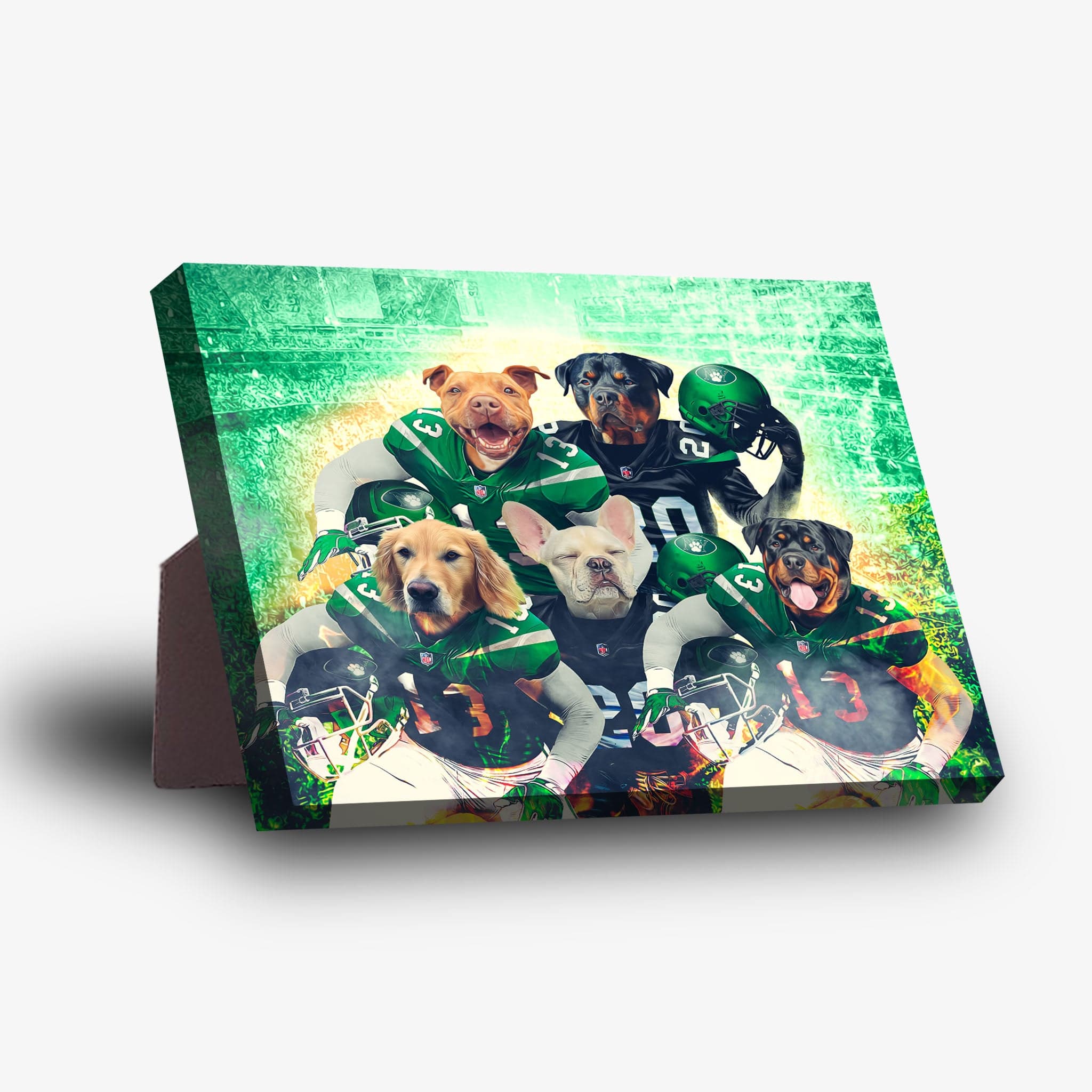 Personalized 'New York Jet-Doggos' standing canvas featuring five pets in green football jerseys.