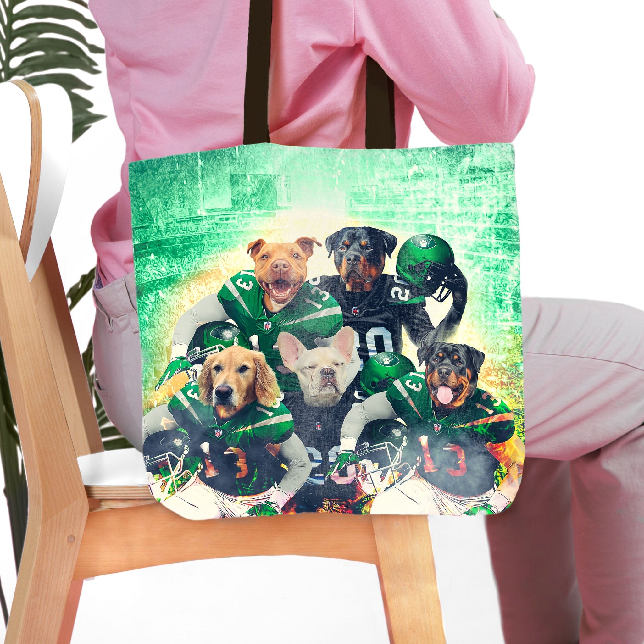 Personalized 5-pet portrait tote bag featuring dogs in New York Jet-themed football uniforms.