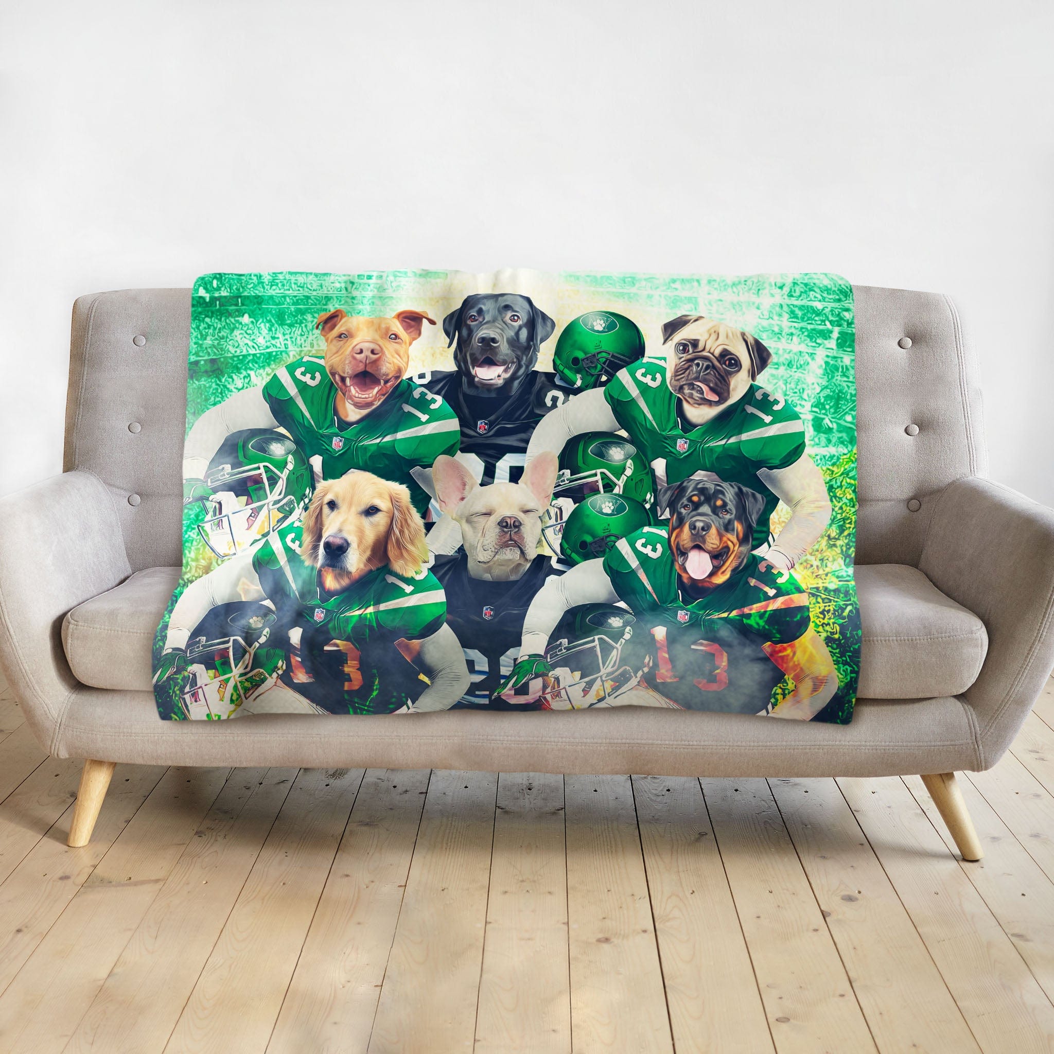 Personalized custom pet portrait blanket featuring six dogs in New York Jets football uniforms.