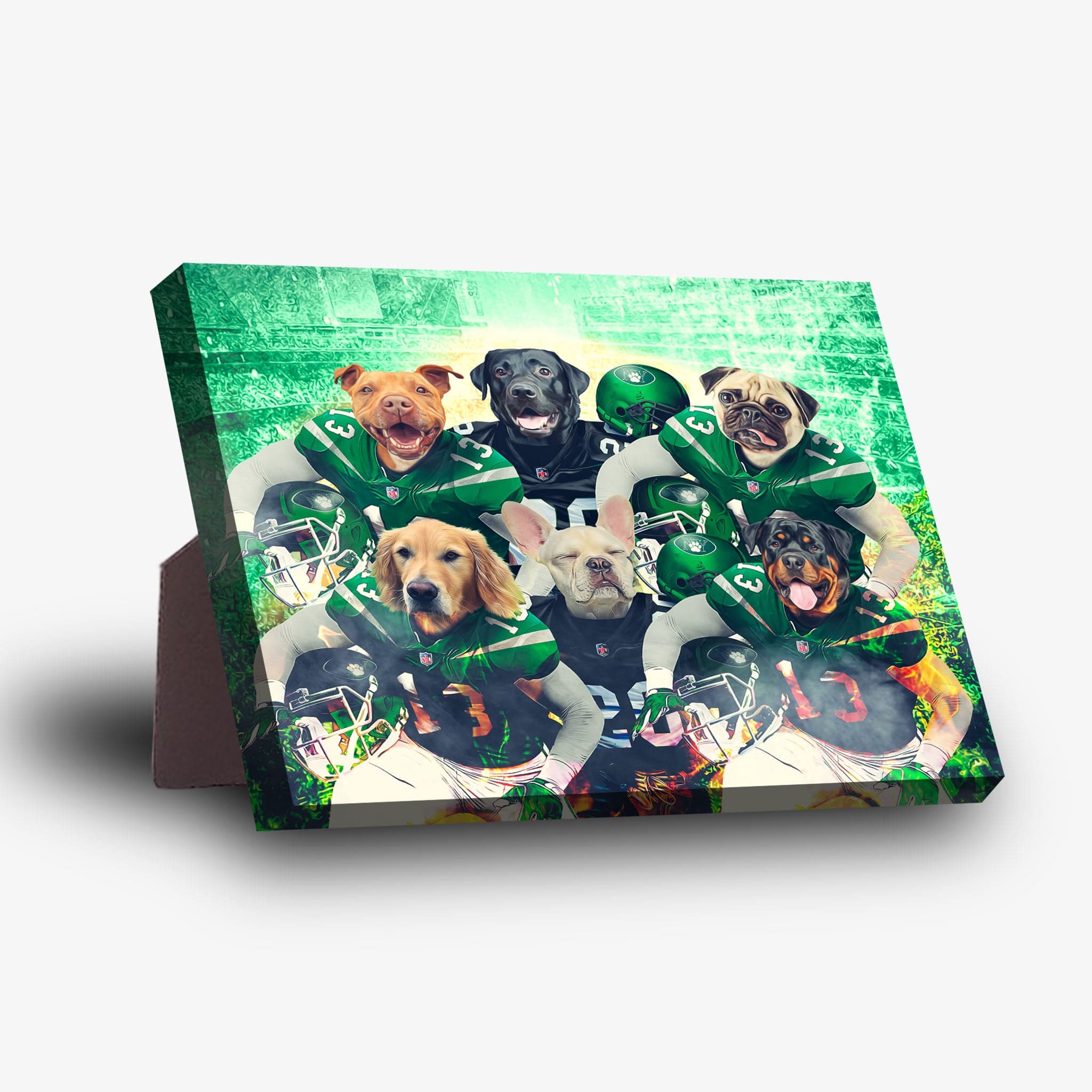 Personalized 6-pet standing canvas featuring dogs in green New York Jet-Doggos football uniforms.