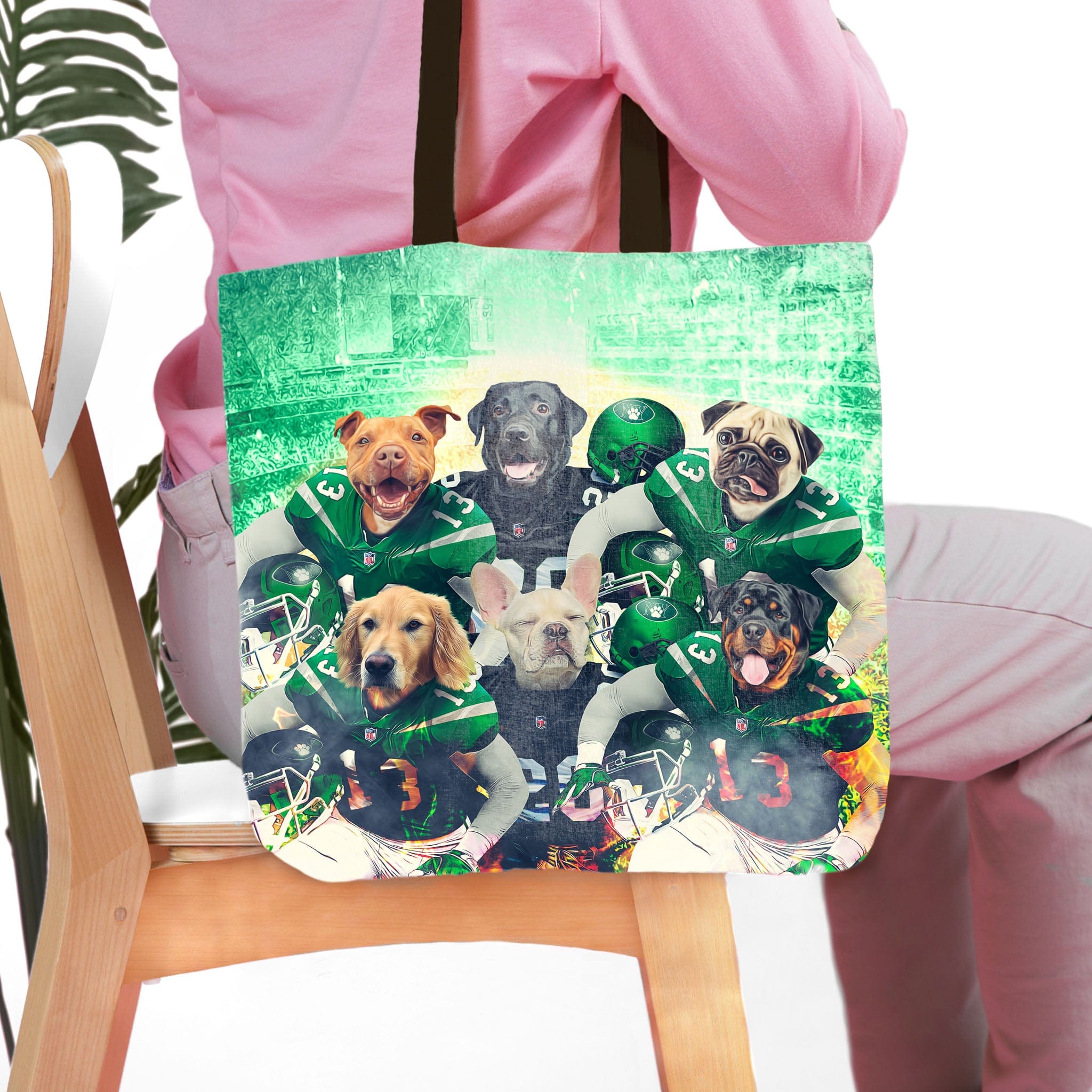 Personalized 6-pet tote bag featuring dogs in New York Jet-Doggos football uniforms on a green field.