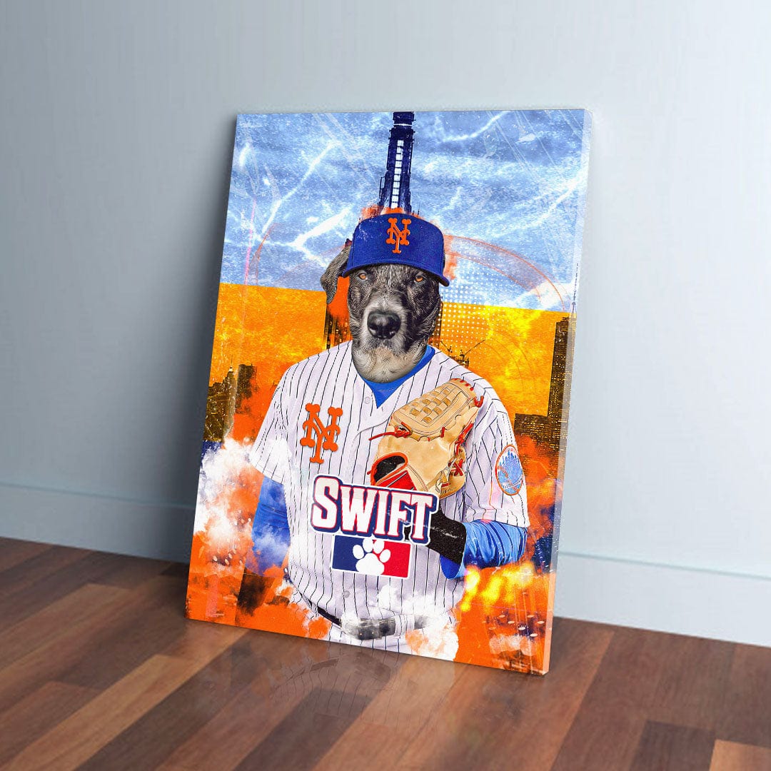 Personalized pet canvas featuring a dog in a New York Mets baseball uniform with a glove and cap.