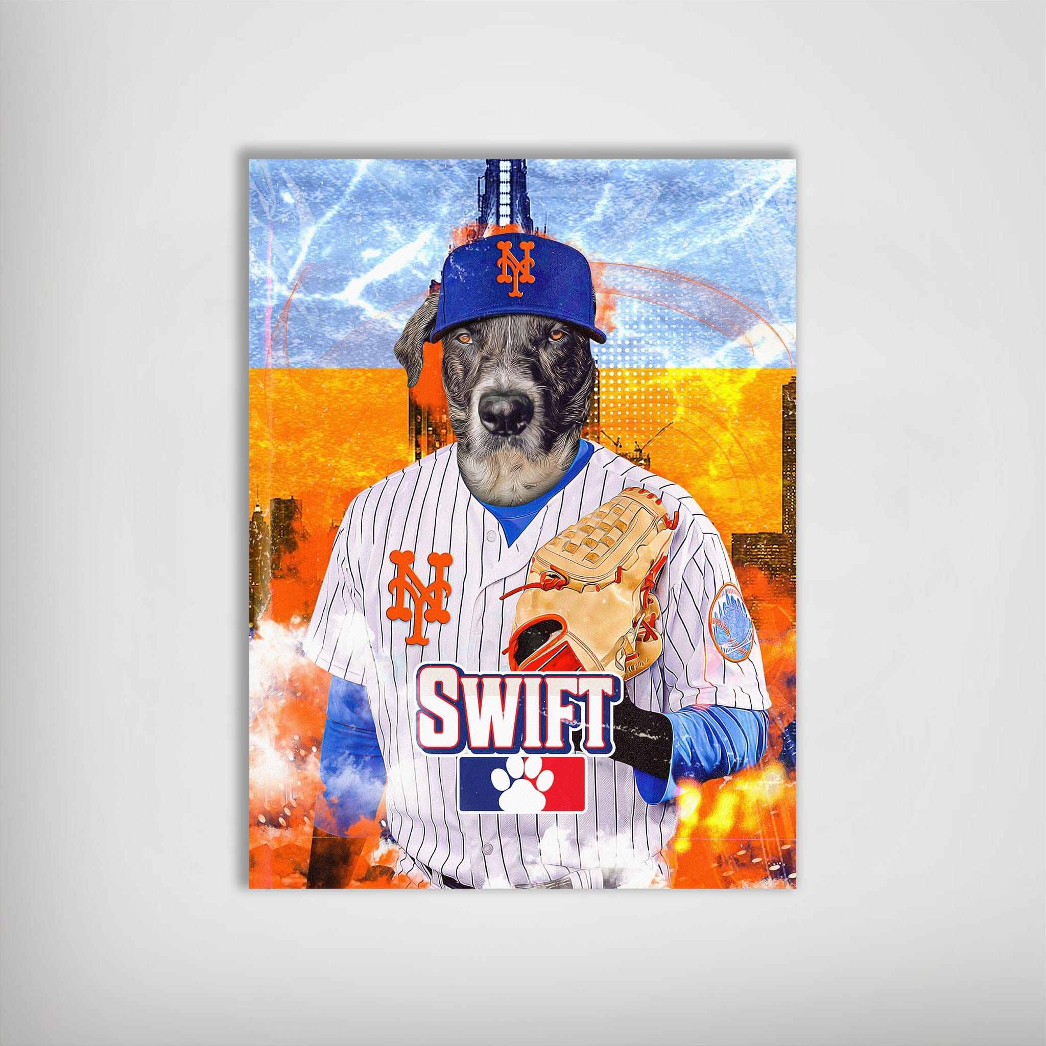 Personalized New York Mets Doggos pet poster featuring a dog in a Mets uniform, hat, and baseball glove.