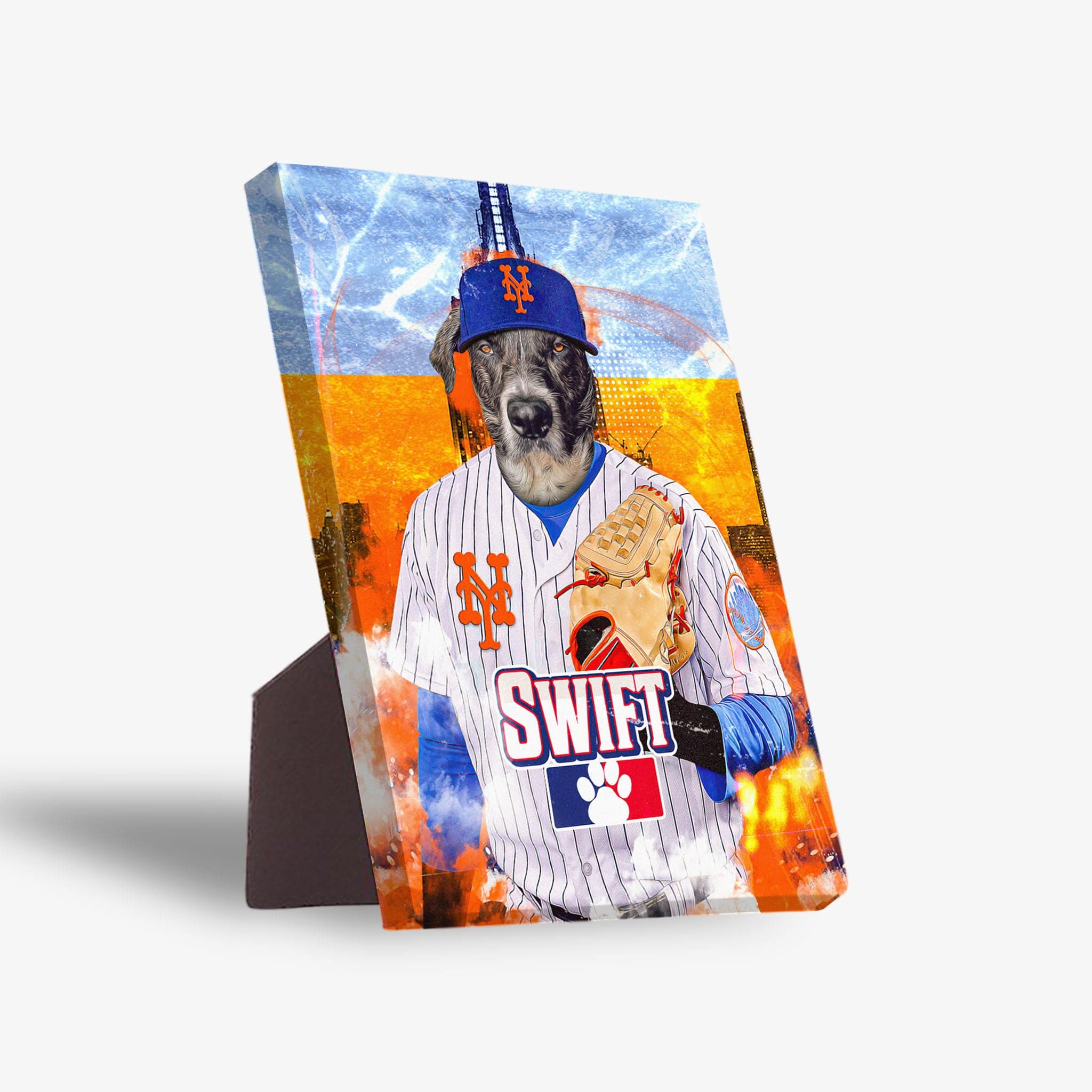 Personalized New York Mets Doggos pet standing canvas featuring a dog in a Mets uniform with a glove.