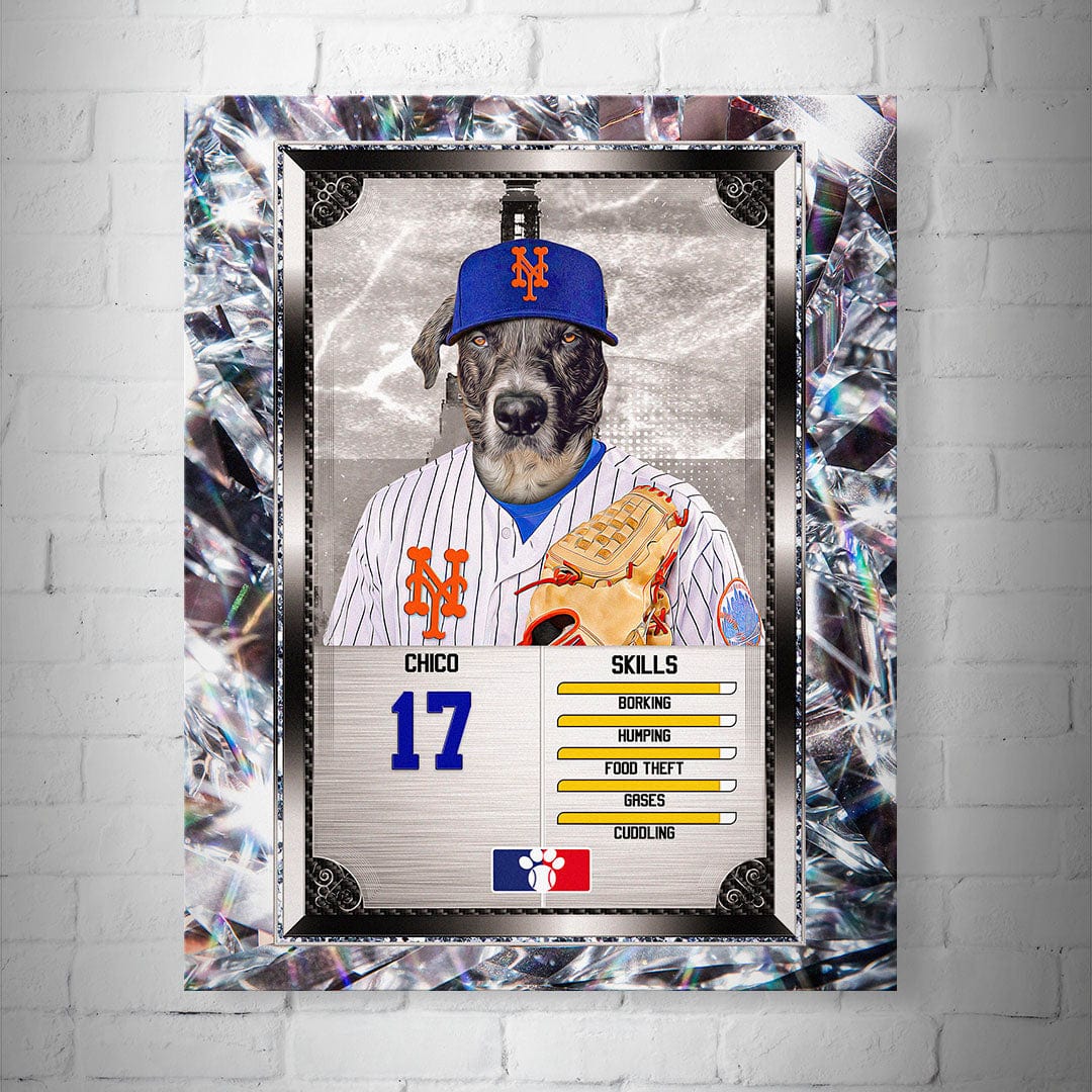 Personalized 8x10" matte baseball trading card poster featuring a dog in a Mets uniform and glove, framed with sparkling diamonds.