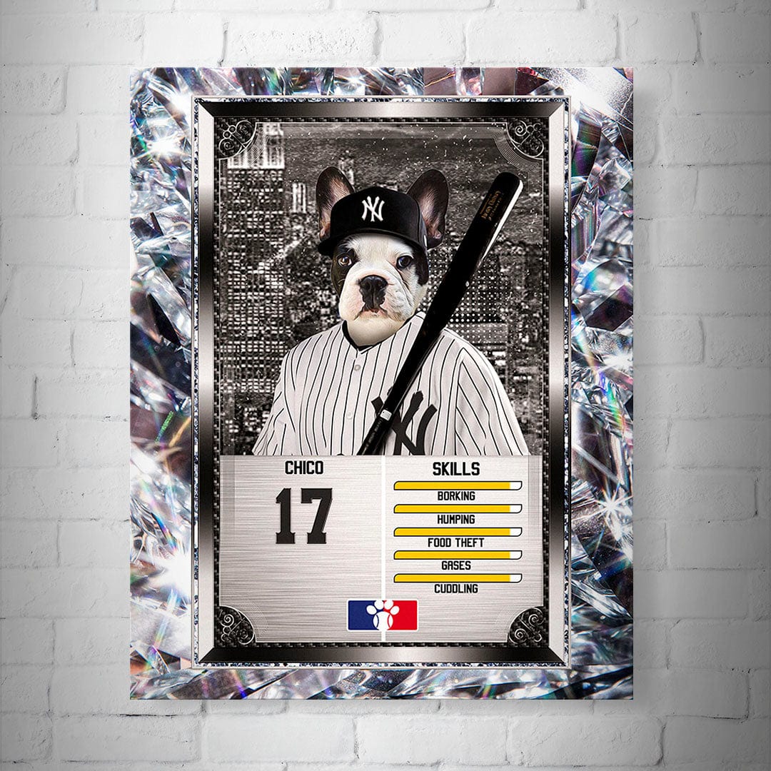 Personalized 8x10" matte baseball trading card poster featuring a French bulldog in a Yankees uniform.