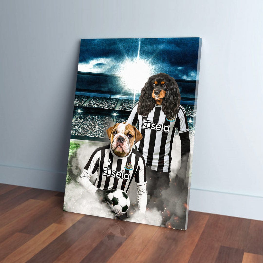 Custom Newcastle United Doggos Football canvas with two pets in black and white striped jerseys.