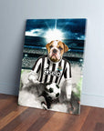 Personalized pet canvas featuring a bulldog in a black and white Newcastle United football kit, holding a soccer ball on a stadium background.
