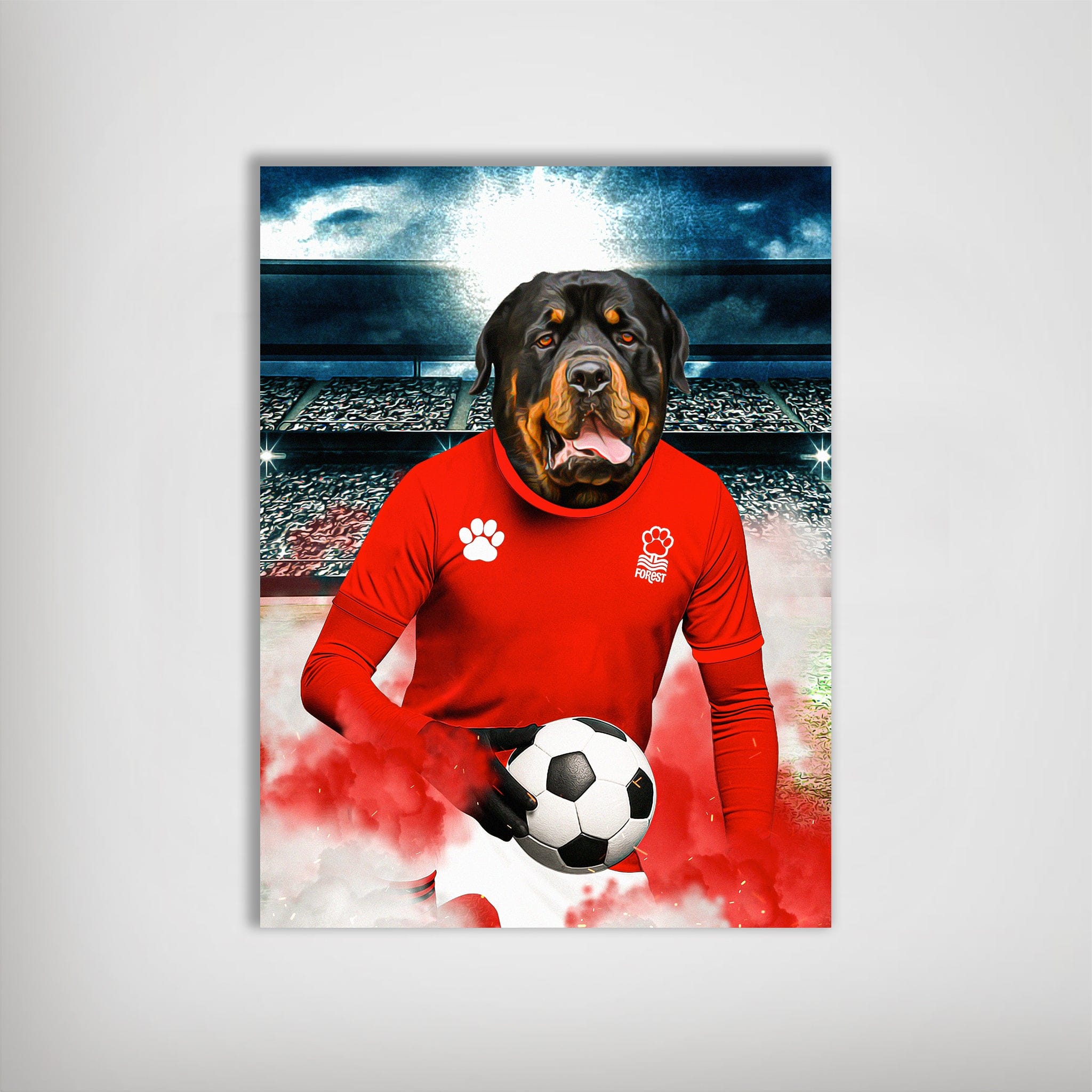 Personalized Rottweiler dog in a red Nottingham Doggos football kit holding a soccer ball, on a stadium background.