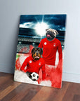 Personalized canvas featuring two pets as Nottingham Forest football players in red jerseys.