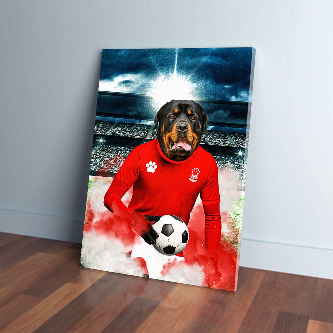 Personalized pet canvas featuring a Rottweiler in a red Nottingham Forest football kit holding a soccer ball.