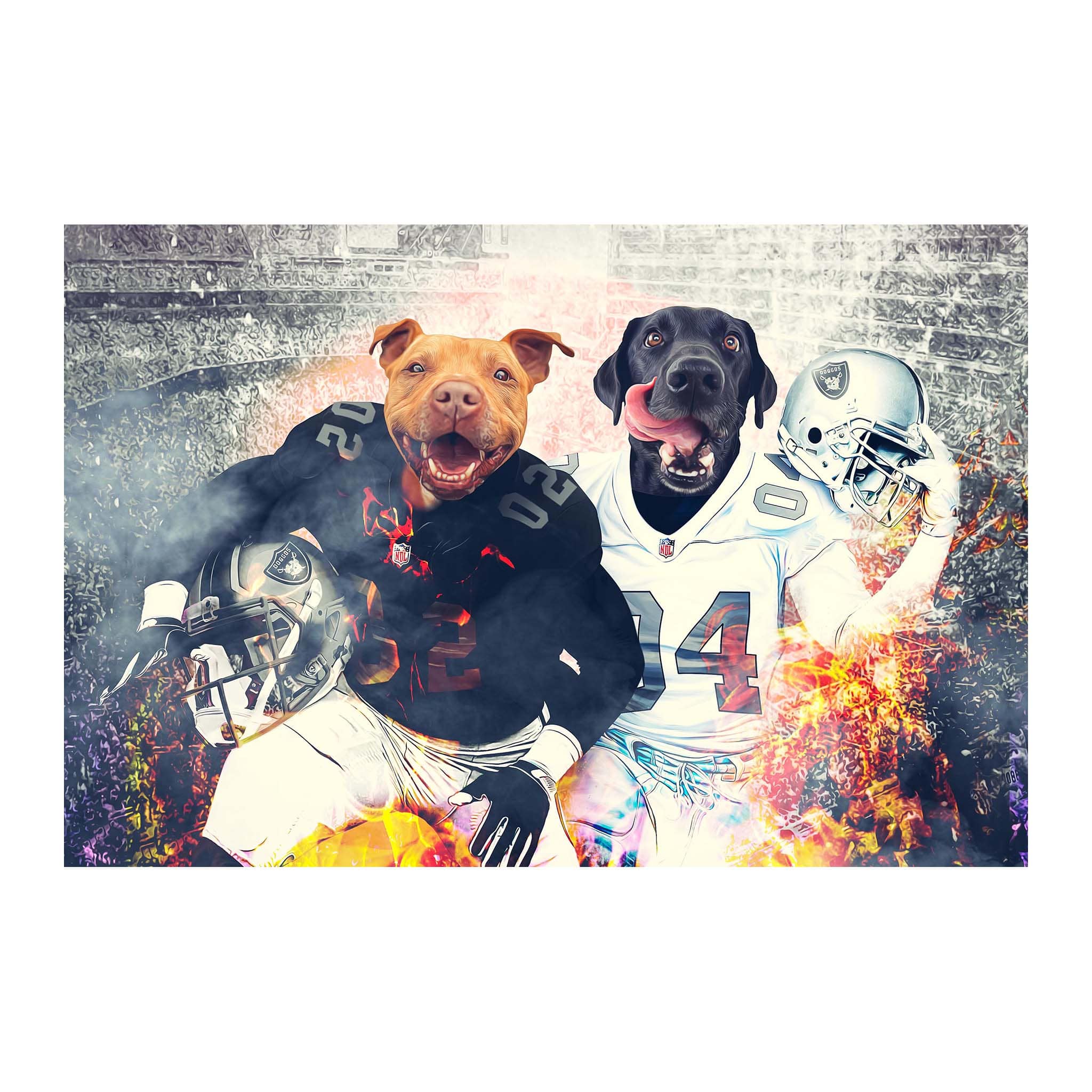 Personalized digital portrait of two dogs as football players in black and white jerseys.